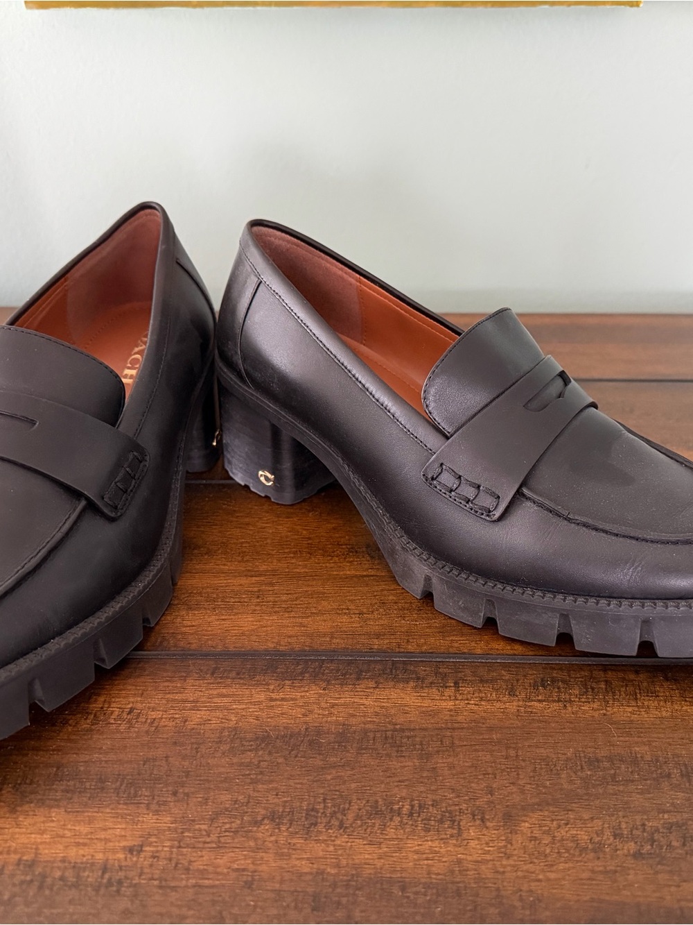 Coach Black Leather Lug Sole Penny Loafers